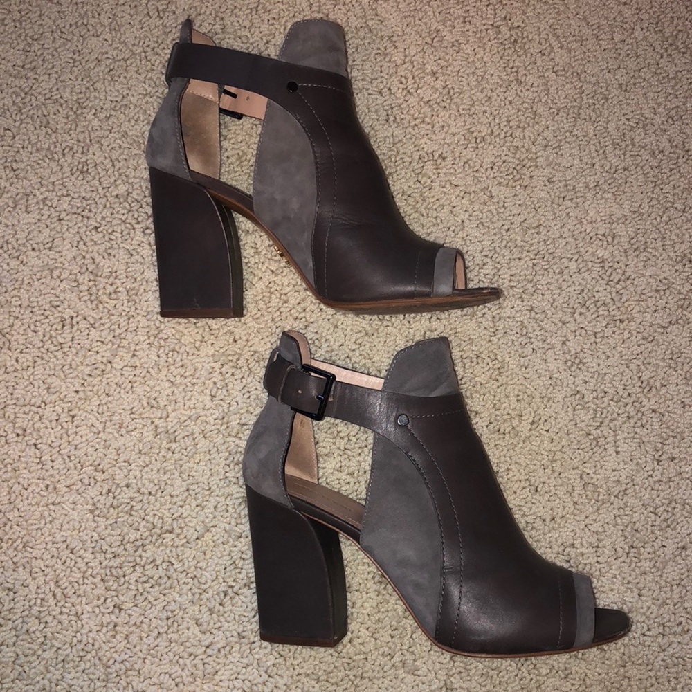 Peep toe booties block heel green suede leather